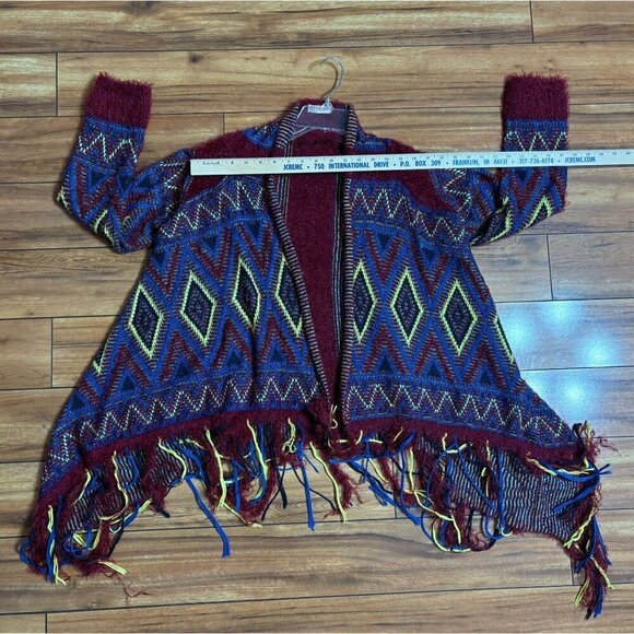 Luxmi Bohemian Fringe Open-Front Cardigan Sweater Aztec Pattern Multicolor - Picture 4 of 9